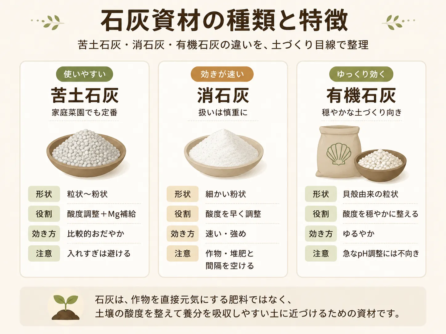 苦土石灰・消石灰・有機石灰の特徴を比較した図解。形状、役割、効き方、注意点を土づくり目線で整理。