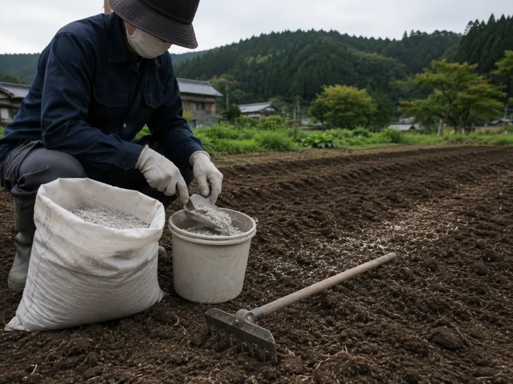 手袋とマスクを着用した作業者が畑で石灰資材を安全に扱っている様子