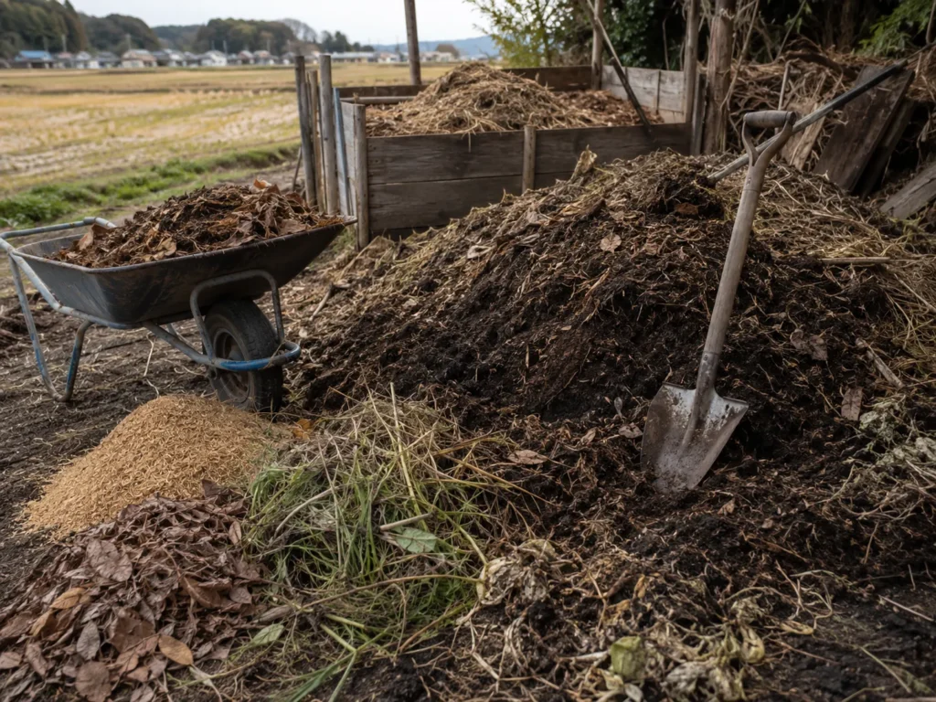畑の端で作物残さや落ち葉、もみ殻を堆肥化して土づくりに活かす作業風景