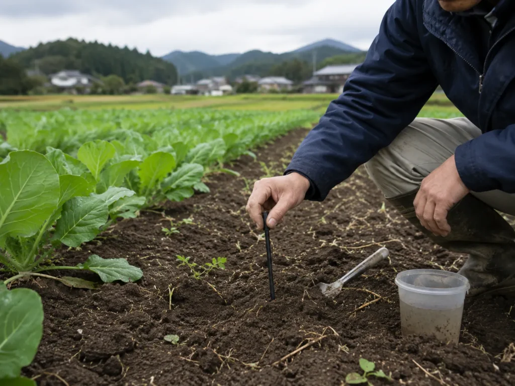 畑の土壌状態を確認しながら施肥を検討する場面