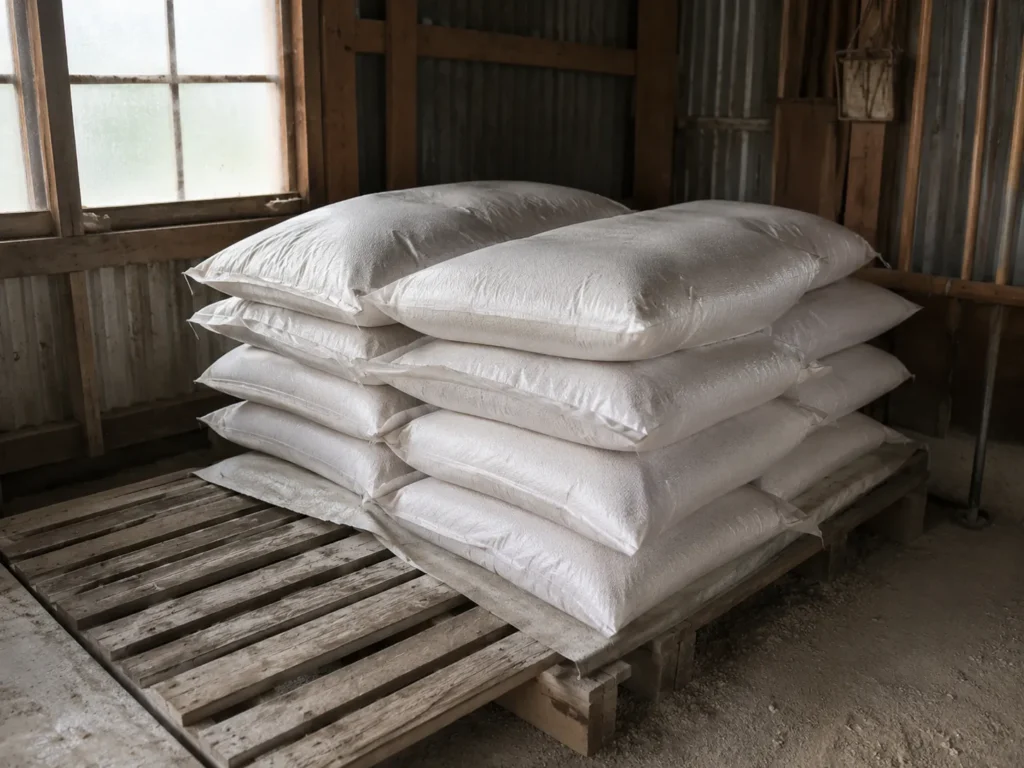 農業倉庫でパレットの上に保管された肥料袋