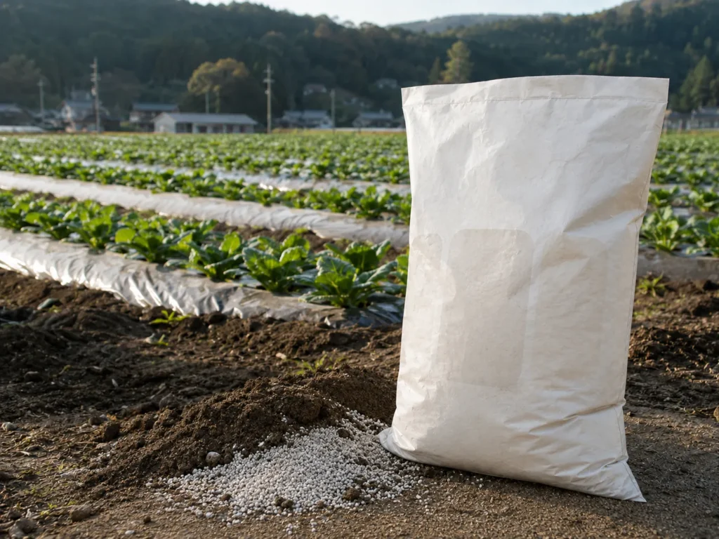畑の脇に置かれた肥料袋と、土のそばにこぼれた粒状肥料