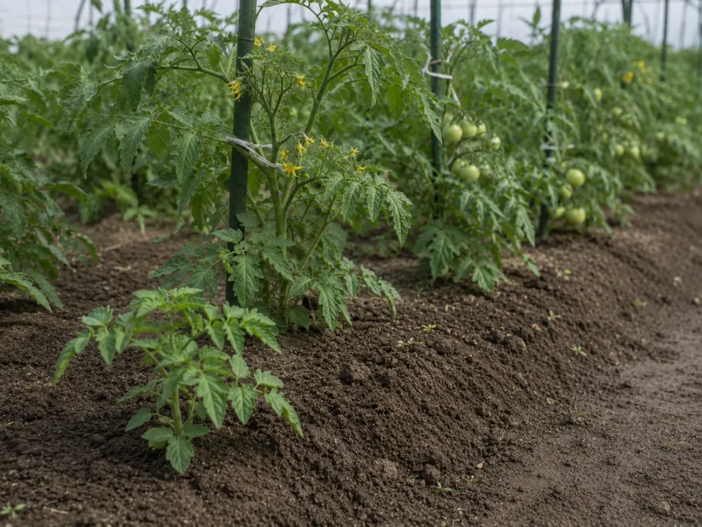 花を咲かせたトマト株と青い実がついた株が並ぶ栽培風景