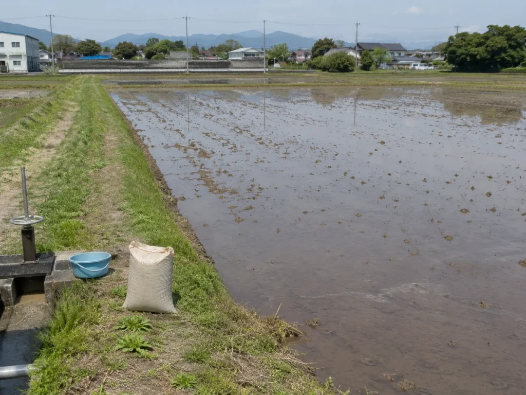 田植え前の水田で施肥準備を進める様子