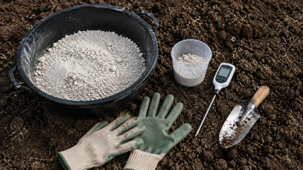 畑の土の上に苦土石灰、pH測定器、計量カップ、作業用手袋、移植ごてを並べた散布準備の写真風画像
