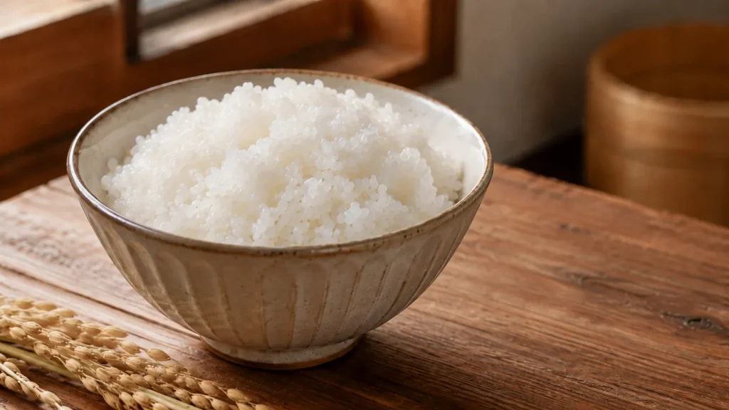 つやのある炊き上がった米と稲穂を通じて、米の食味を構成する要素を考える様子