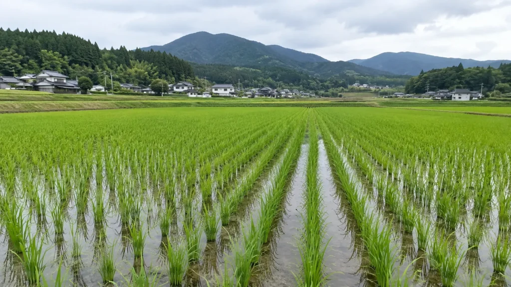 生育中の水稲が広がる日本の水田風景