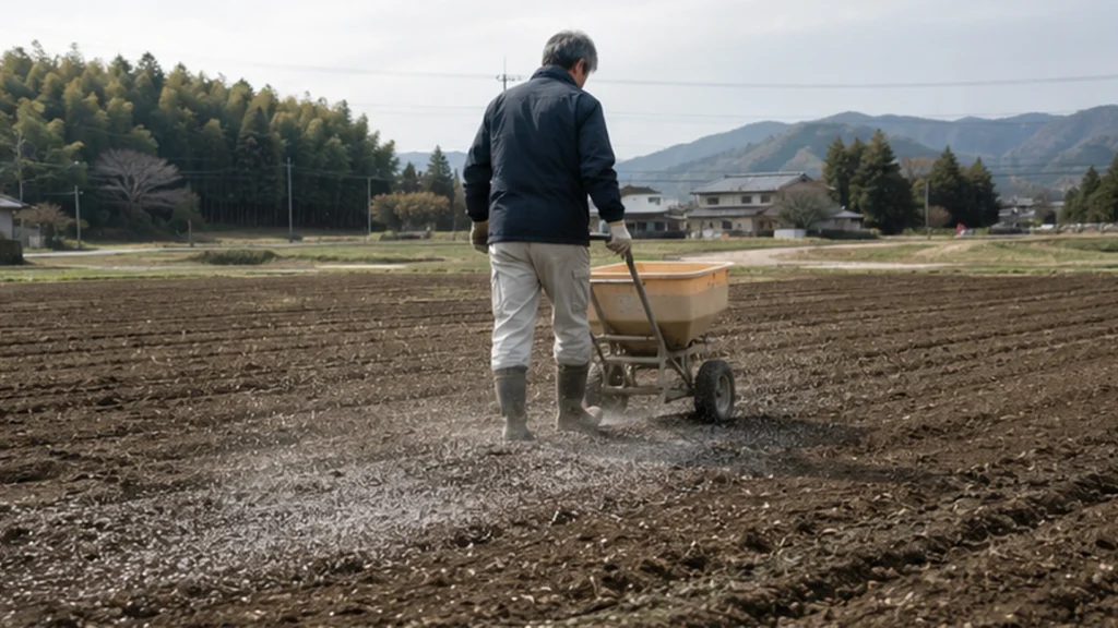 粒状の資材を畑へ均一に散布する様子