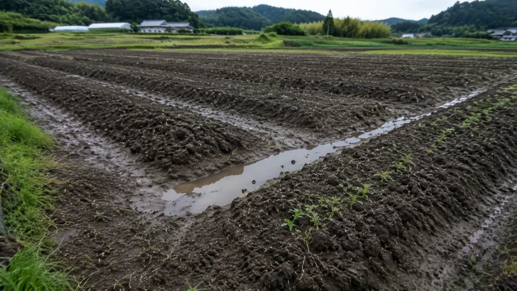 雨上がりに畝間へ水がたまり、湿った土が残る日本の畑