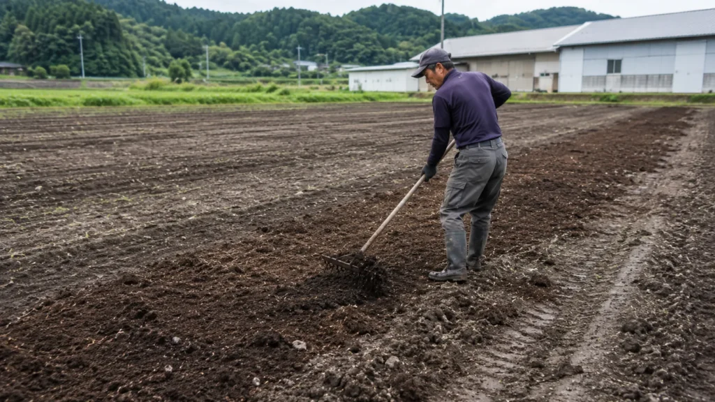 農家が畑に散布した有機物をレーキで土になじませる作業