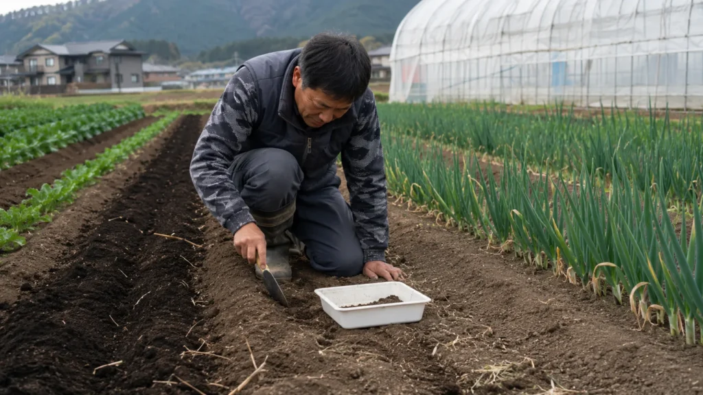 土壌診断のために畑の土を採取する農業者