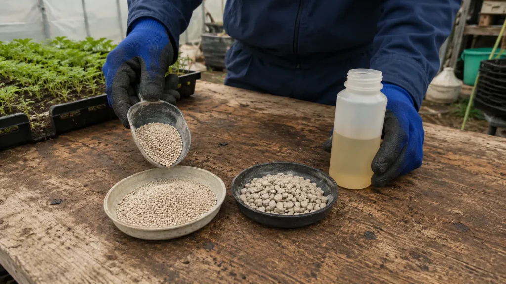 粒状・固形・液体の肥料を作業台で確認する農家の手元