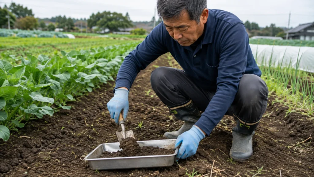 畑で土壌診断のために土を採取する農業者