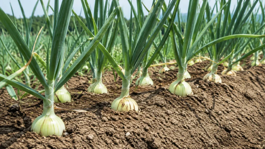 畑で健全に生育する玉ねぎの株