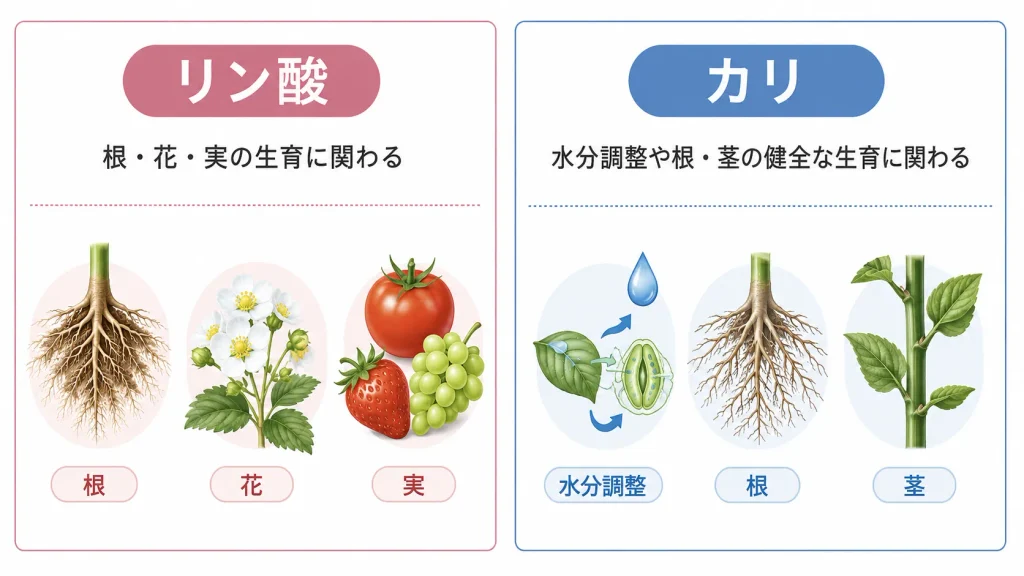 リン酸とカリの主な働きを比較した図解