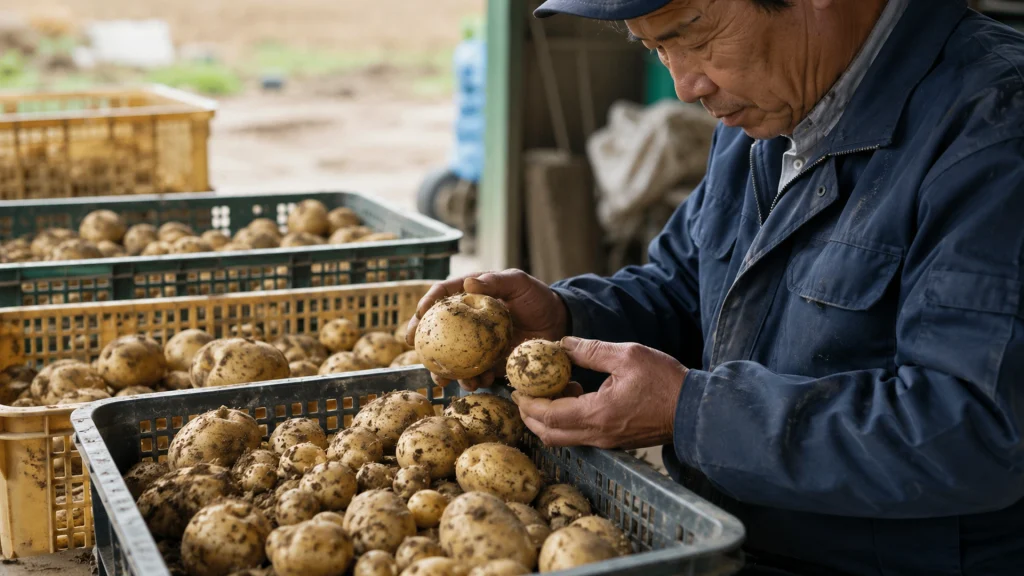 収穫したじゃがいもを確認しながら記録する農家