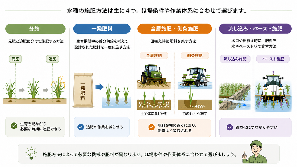 分施・一発肥料・全層施肥・側条施肥など水稲の主な施肥方法