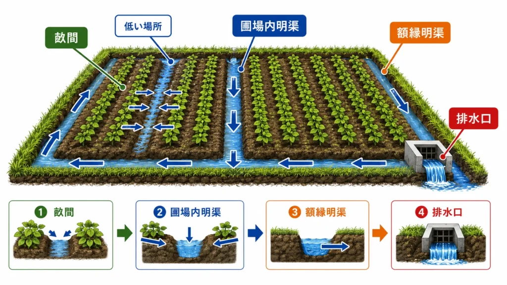 大豆圃場で畝間の水を明渠と排水口へ流す排水経路