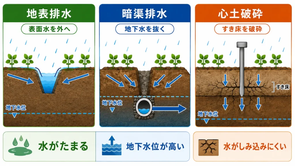 大豆圃場の地表排水・暗渠排水・心土破砕の使い分けを示す図解