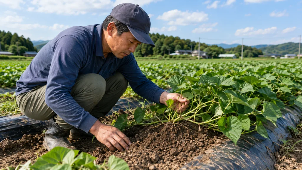さつまいも畑で葉や株元、土の状態を確認する農家