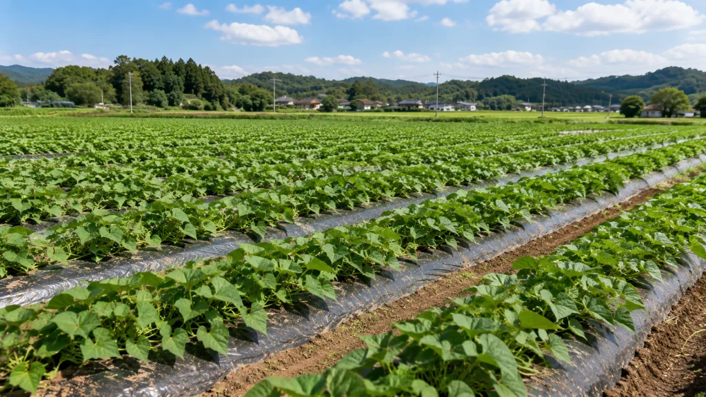 畝に沿ってつると葉が広がる生育中のさつまいも畑