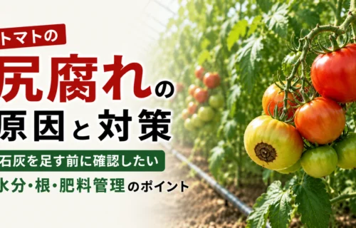 尻腐れが見られるトマトと原因・対策を解説するアイキャッチ