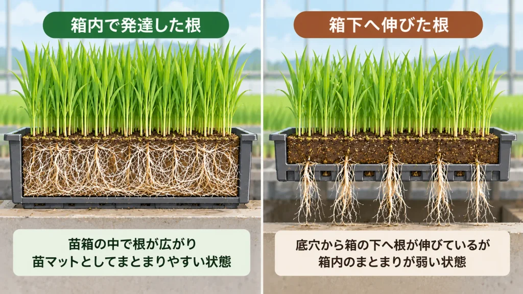 苗箱内で発達した根と箱下へ伸びた根の違いを示すイラスト