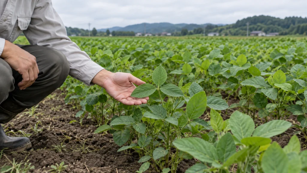 大豆畑で葉を手で支えながら草姿を確認する作業者