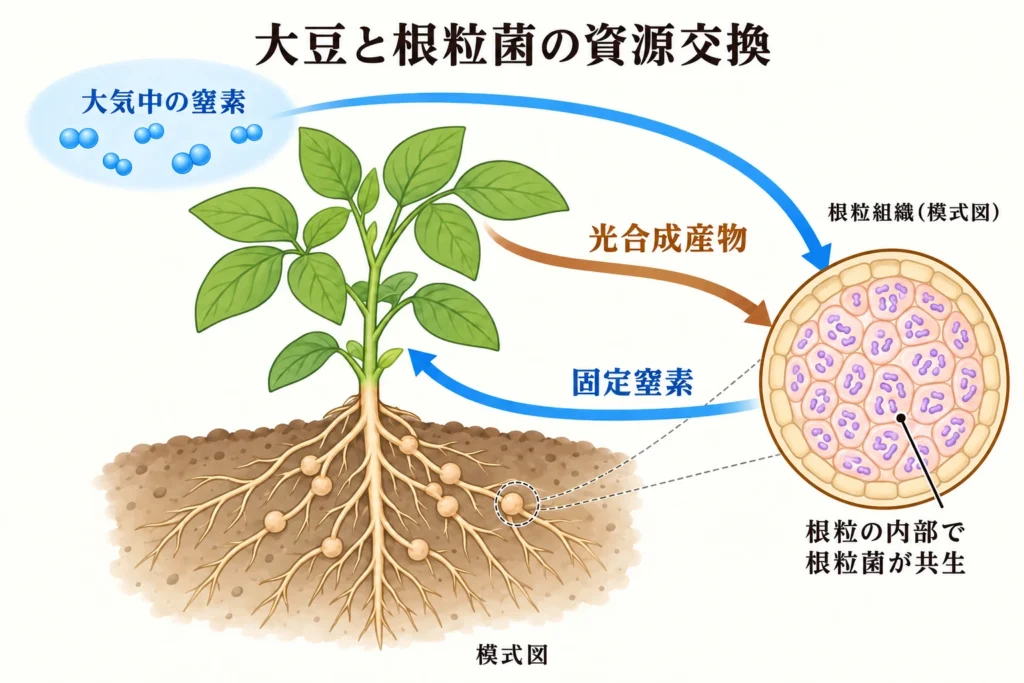 根粒の植物細胞内で共生する根粒菌と、大豆から根粒への光合成産物、根粒から大豆への固定窒素の供給を示す模式図。
